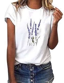 heekpek Sommer T-Shirt Damen Basic T Shirt Bedrucken Rundhalsausschnitt Weiß Oberteile Baumwolle Casual Damen Kurzarm Bluse Tops, Lavendel, XL von heekpek