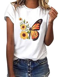 heekpek Sommer T-Shirt Damen Basic T Shirt Bedrucken Rundhalsausschnitt Weiß Oberteile Baumwolle Casual Damen Kurzarm Bluse Tops, Sonnenblume, L von heekpek
