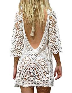 heekpek Strandkleid Damen Lang Elegant Damen Boho Rückenfrei Spitze Bikini Cover Up Strandkleid Sommerkleid (Weiß) von heekpek