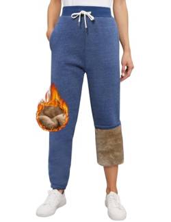 heekpek Warme Jogginghose Damen Winter mit Gefüttert Fleece Thermo Jogginghose Damen High Waist Basic Lounge Sweathose Damen Lang Freizeithosen, Blau, M von heekpek