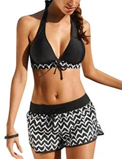 heekpek Zweiteiliger Badeanzug Damen Neckholder V-Ausschnitt Schwimmanzug Push Up Bademode Sexy Schultergurt Verstellbarer Epithesen Badeanzug Bikini Damen Streifen Swimsuit(Schwarz,XXL) von heekpek