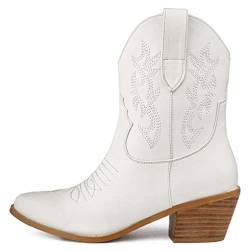 Cowgirl Cowboystiefel für Damen, Snip Toe Stickerei, Westernstiefel, klobiger Absatz, kurze Stiefel, Weiß, 38 EU von heelchic