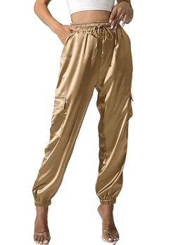 Damen Satin Cargo Jogger Hose Dressy Casual Silky Elastic High Waist Hose, Gold, S von heipeiwa