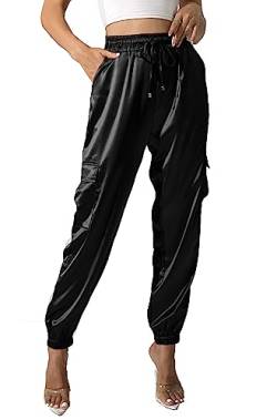 Damen Satin Cargo Jogger Pants Dressy Casual Silky Elastic High Waist Hose, Schwarz, Groß von heipeiwa