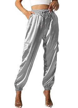 Damen Satin Cargo Jogger Pants Dressy Casual Silky Elastic High Waist Hose, Silber, M von heipeiwa