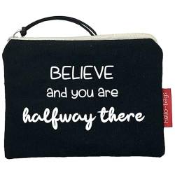 Hello-Bags. Geldbörse/kleine Tasche. Außen: 100% Baumwolle. Inkl. Reißverschluss und Futter. Verpackt in einem Kraft Geschenkumschlag. Modell: „Believe“. Farbe: Ekrü/Schwarz. 14 * 10 cm. von hello-bags