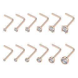 12 STÜCKE 20 G Nasenstecker Septum Nasenringe Roségold Nasenring Nasenschraube 316L Chirurgenstahl Nasenpiercing Schmuck Nasenloch Tragus Knorpel Helix Conch Studs Klar CZ für Frauen Männer L Form von hengkaixuan