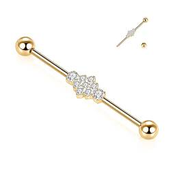 hengkaixuan 14G Industrial Barbell Chirurgenstahl Industrial Piercing Schmuck Gold Industrial Barbell 38 mm langer Gerüststab Industrial Bar mit Blume CZ gepflasterter Knorpelohrring Helix-Ohrringe von hengkaixuan