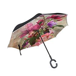 hengpai Regenschirm mit bunten Blumen, umgekehrt, umgekehrt, für Autos, unigue, winddicht, UV-beständig, doppellagig für Frauen von hengpai