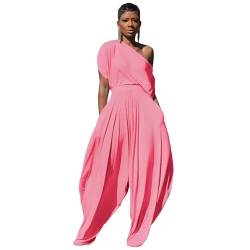 Hip Hop Damen 2-teiliges Set Schulterfreies T-Shirt Tops und lose Haren-Hosen Anzug Sweatsuit Trainingsanzug Zweiteiliges Set Outfits, Pink, Medium von heyheyshine