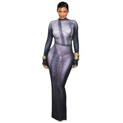 Y2K 3D Body Print Maxi Sexy Kleid Frauen Ästhetisch Langarm Einzigartig Sexy Body-Shaping Robe Party Clubwear, Schwarz, Groß von heyheyshine