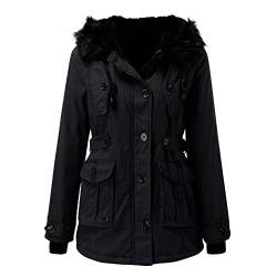 hhsbeauty Damenjacken in Übergröße, warmer Mantel, Jacke, Outwear, mit Kunstpelz gefütterter Trench, Winter, mit Kapuze, dicker, warmer Mantel Mantel Mit Lederärmel Damen (Black, L) von hhsbeauty