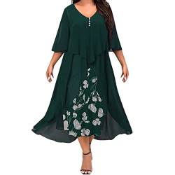 hhsbeauty Frauen Plus Size Casual Print Kleid Spitze Rundhals Kleid Mitte Langarm Unregelmäßige Spitzennähte Langes Kleid Formelles Kleid Kleid Mit Spitze Damen (Green, XXL) von hhsbeauty