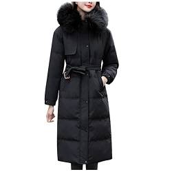 im Brotstil, Baumwolle, mit Kapuze, lange Jacken, solider Außenmantel mit Gürtel und weichem Pelzkragen Damen Winterjacke Gefüttert (Black, M) von hhsbeauty