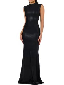 Sexy ärmelloses Maxi-Lederkleid für Damen, Stehkragen, bodenlang, Kunstlederkleid, Cocktailkleid, Schwarz, Klein von hibshaby