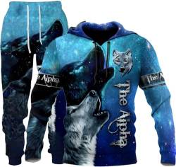 hiegi 3D wolf Herren Jogging Anzug Trainingsanzug Sportanzug Fitness Sporthose Hoodie Hose Trainingsanzug mit Kapuze (F-wolf 2,2XL) von hiegi