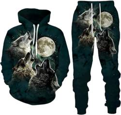 hiegi Weihnachten Halloween 3D Wolf Herren Trainingsanzug,Hoodies+Lange Hose, Jogginganzug, 2-teiliges Set für Herren (F-Wolf-3,3XL) von hiegi