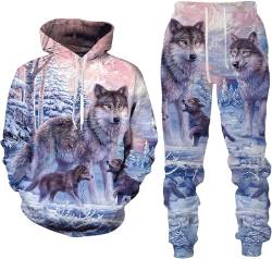 hiegi Wolf Herren Hoodie und Hose manner 3D-Druck lose Pullover+Jogginghose Trainingsanzug Hausanzug Joggingsuit (F-Wolf-1,4XL) von hiegi