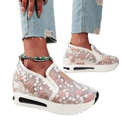 higyee Damen-Sneaker aus Mesh | Turnschuhe mit Keilabsatz, bestickt, lässig, zum Anziehen aus Spitze, Rosa, 40 EU von higyee