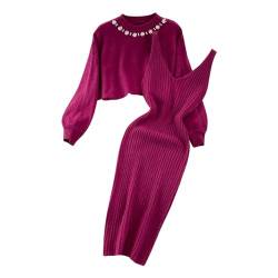 hjinlinw Rippenstrick Kleid Damen,Bodycon 2 Teiliges Sweater Strickkleid Minikleid,Strickkleid Zweiteiliger Anzug Pullover,Winterkleid Elegant Hohe Elastizität,Strickkleid Damen Herbst Lang von hjinlinw