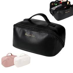 HLC Kosmetiktasche mit großem Fassungsvermögen, tragbare Reise-Make-up-Kulturtasche, Organizer, wasserdichter Beauty-Reißverschluss, kleine Make-up-Tasche mit Fächern, PU-Leder Kosmetiktasche für Frauen und Mädchen, Schwarz , Make-up-Tasche mit großem Fassungsvermögen von hlc