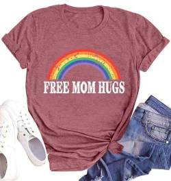 Pride Shirts Damen Regenbogen Grafik T-Shirts Shirts Free Mom Hugs T-Shirt LGBTQ Kurzarm Tops, Pink, Groß von hohololo