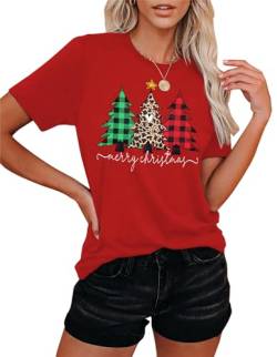 Weihnachts-Shirts Für Frauen Frohe Weihnachten Leopardenbaum Grafik-T-Shirts Kurzarm Xmas T-Shirts Feiertagsoberteile von hohololo