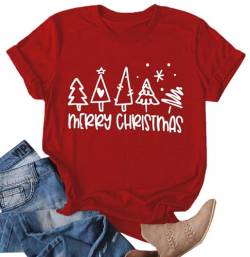 Weihnachtsbaum T-Shirt Für Damen Merry Christmas Bedruckte T-Shirts Kurzarm Holiday Tshirt Oberteile von hohololo