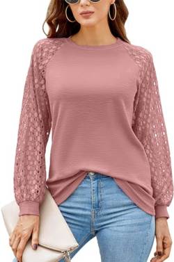 hohololo Damen Spitzen Langarm Tops Lässige Locker Geschnittene Rundhals T-Shirts Blusen von hohololo