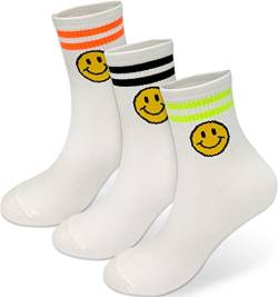 [holawit] Cute Happy Smiley Face with Neon Double Stripes Design Crew Socken 3P Set, Neonorange, Neongrün, Schwarz von holawit