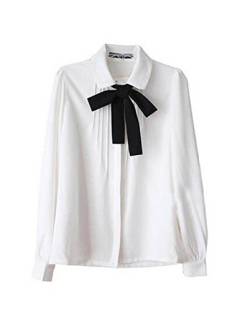 Lady Bowknot Baby Collar Long Sleeve OL Chiffon Button Shirt White von hqclothingbox
