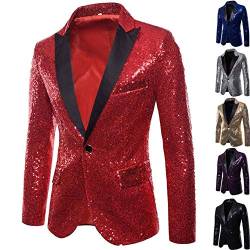 huelufi Herren Pailletten Anzug Blazer Casual EIN-Knopf-Anzug Slim Fit Blazer Mantel Jacke Männer Hübsche Jacken Performance-Kostüm für Nachtklub,Hochzeit und Party (Rot, m) von huelufi