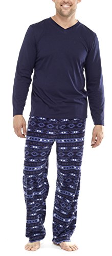 Herren Winter Pyjamas mit Jersey Top und Super Weich Fleece Hose in Fairisle Print (2XL) Navy von i-Smalls