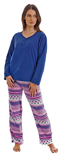 Warmes, weiches Schlafanzug-Set für Damen für kalte Tage aus kuschligem Fleece Gr. Large, Navy with Aztec Pants von i-Smalls