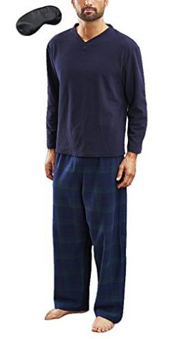 i-Smalls Herren Warm Winter Pyjama Set Gebürstete Gerippte Baumwolle Top Karierte Hose, Newquay Navy, L von i-Smalls