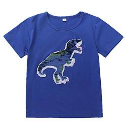 Dinosaurier-T-Shirt mit Pailletten, für Mädchen und Jungen, kurzärmelig, Größe 3–8T Gr. 120 cm, blau von i pass