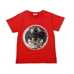 T-Shirt aus Baumwolle für Jungen und Mädchen mit kurzen Ärmeln und magischen Pailletten, 3 – 8 Jahre, rot, 130 cm von i pass