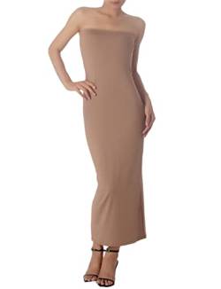 iB-iP Damen Nackte Schulter Dehnbar Röhre Figurbetonten Lange Trägerlosen Kleid, Größe: 36, Sand von iB-iP
