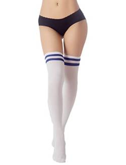 iB-iP Damen Navy Streifen Zebrastreifen Strumpf Schenkel Hoch Knee-high Socken, Größe: Einheitsgröße, Weiß & Royal von iB-iP