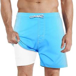 iCKER Badehose Herren Kompression Liner 2 in 1 Badeshorts Board Shorts Schnelltrocknend Strand Beach Shorts,Blau STK227,XL von iCKER