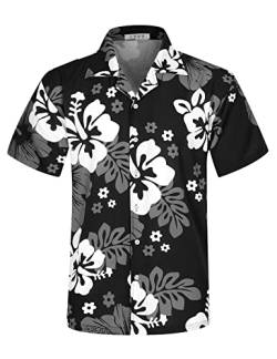 iCKER Hawaiihemd Herren Strandhemd Kurzarmhemd 3D-Gedrucktes Hemd Freizeithemd Sommerhemd Normale Passform, Black Flowers, XL von iCKER