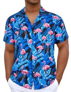 iCKER Hawaiihemd Herren Strandhemd Kurzarmhemd 3D-Gedrucktes Hemd Freizeithemd Sommerhemd Normale Passform, Blau Flamingo, 2XL von iCKER