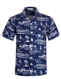 iCKER Hawaiihemd Herren Strandhemd Kurzarmhemd 3D-Gedrucktes Hemd Freizeithemd Sommerhemd Normale Passform, Navy blau B11, L von iCKER