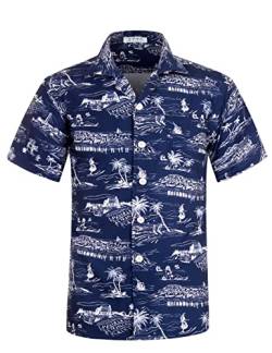 iCKER Hawaiihemd Herren Strandhemd Kurzarmhemd 3D-Gedrucktes Hemd Freizeithemd Sommerhemd Normale Passform, Navy blau B11, M von iCKER