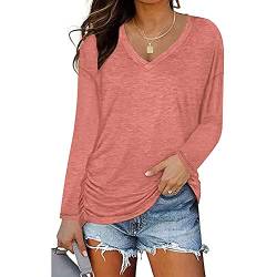 iChunhua Damen Langarm Tops Einfarbig Casual V Ausschnitt T-Shirts mit Seitliche Raffung, rose, M von iChunhua