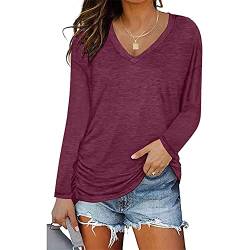 iChunhua Damen Langarm Tops Einfarbig Casual V Ausschnitt Tee Shirts mit seitlicher Raffung, violett, M von iChunhua