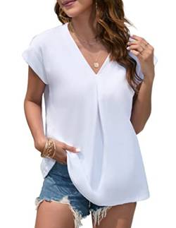 iChunhua Damen Sommer Flügelärmel Tops Einfarbig V Ausschnitt Plissee T Shirts, weiß, XXL von iChunhua