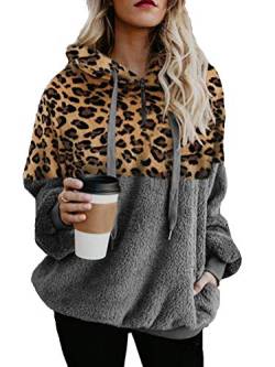 iChunhua Damen-Sweatshirt mit Leopardenmuster, Fleece, Sherpa-Kapuzenpullover, flauschiger Pullover, Grauer Leopardenmuster, 38 von iChunhua