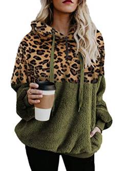 iChunhua Damen-Sweatshirt mit Leopardenmuster, Fleece, Sherpa-Kapuzenpullover, flauschiger Pullover, Olivgrüner Leopard, 42 von iChunhua