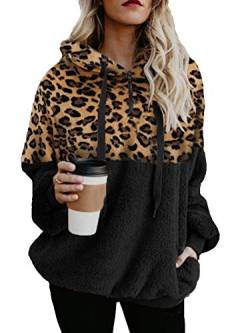 iChunhua Damen-Sweatshirt mit Leopardenmuster, Fleece, Sherpa-Kapuzenpullover, flauschiger Pullover, Schwarz Leopard, 38 von iChunhua